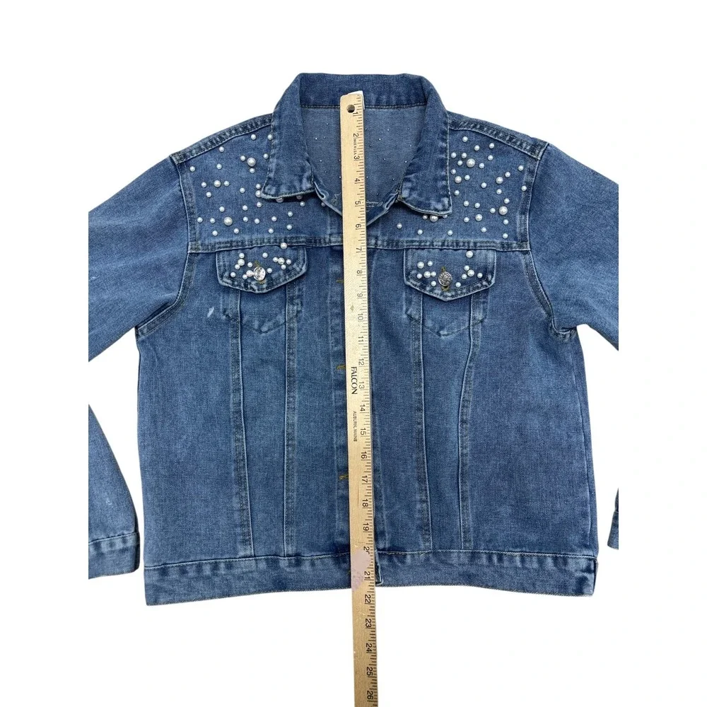 Bride Women's Denim Blue Jean Jacket With Pearls Wedding Bachelorette Sz XLarge - Picture 8 of 9